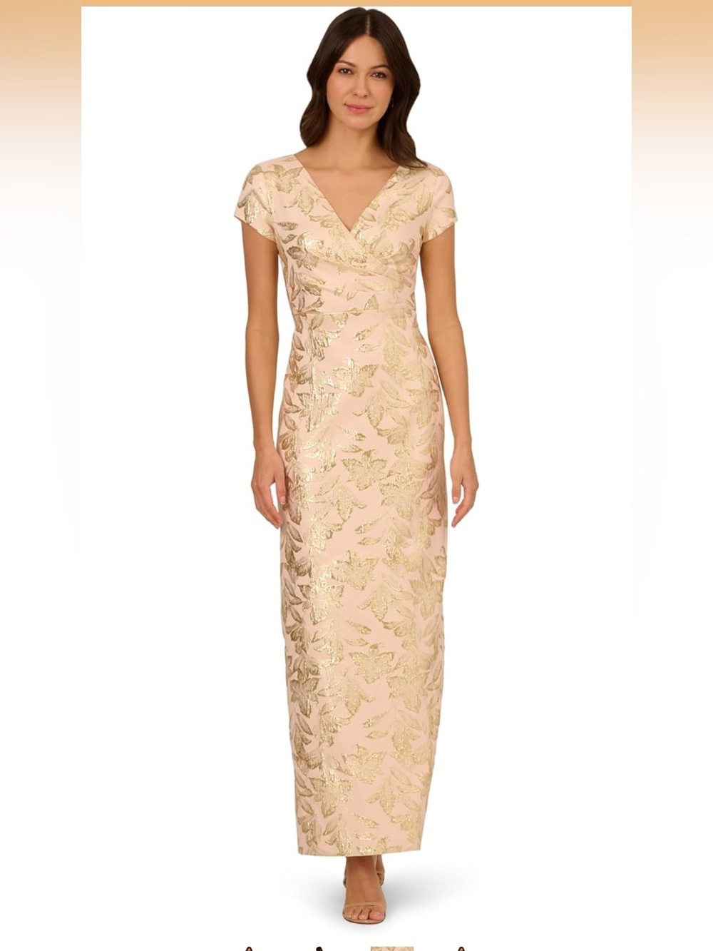 Long Formal Metallic Evening Gown W/Floral Design, Champagne/Gold 8